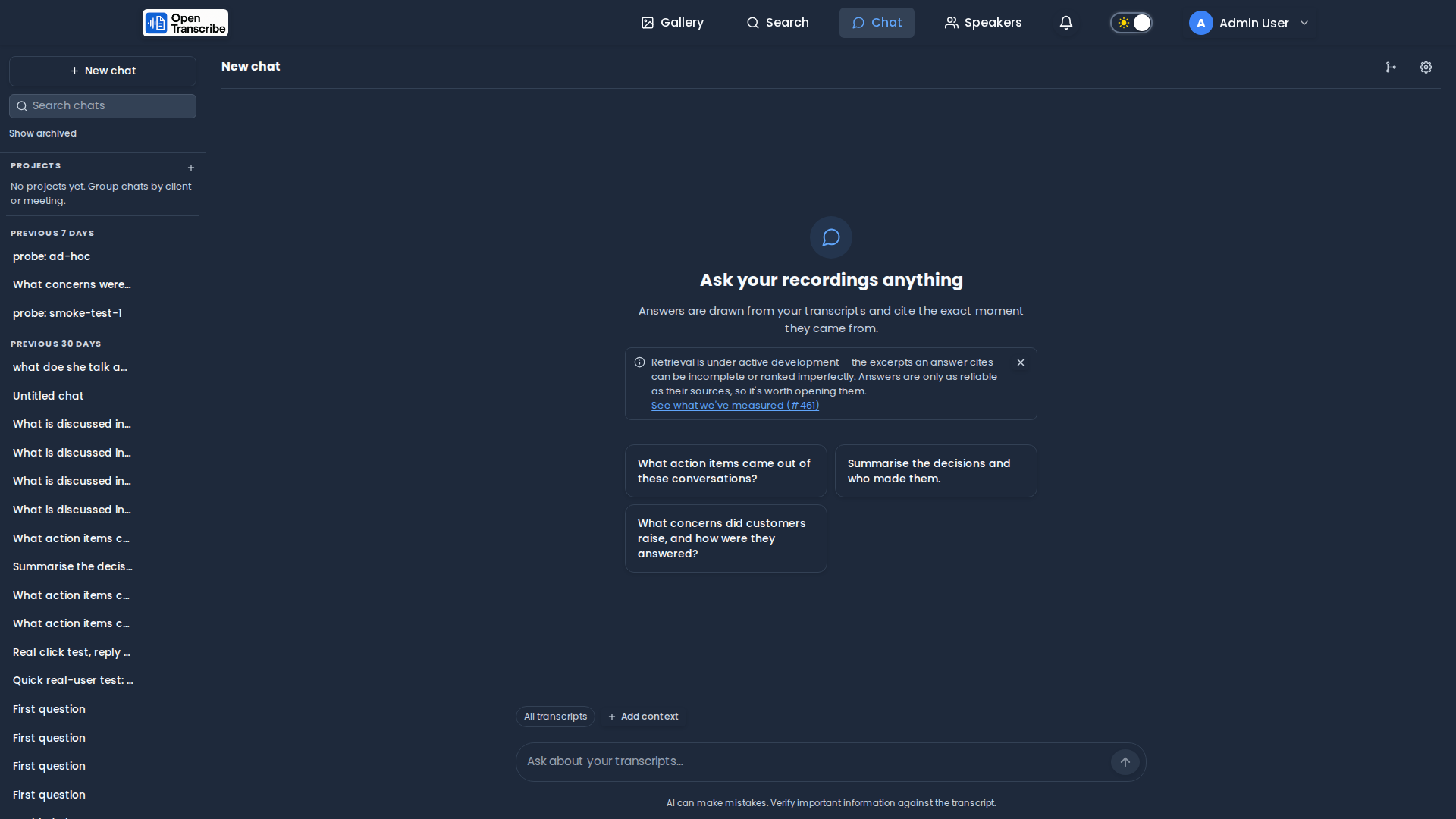 Chat empty state with suggested questions and conversation history