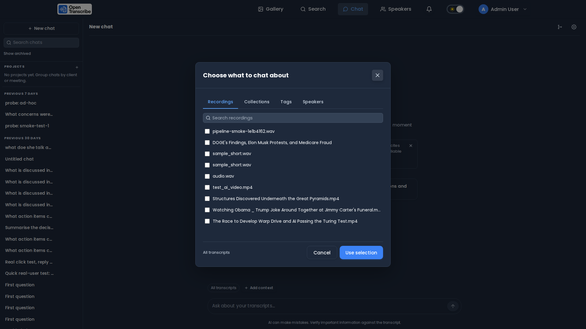 Chat scope picker with recordings, collections, tags, and speakers tabs