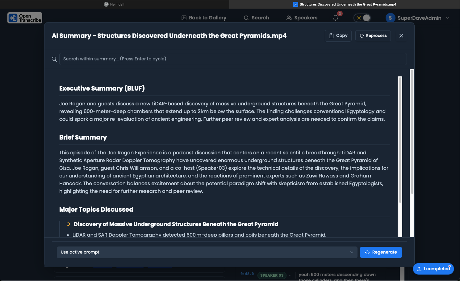 AI-generated BLUF summary with executive overview and action items