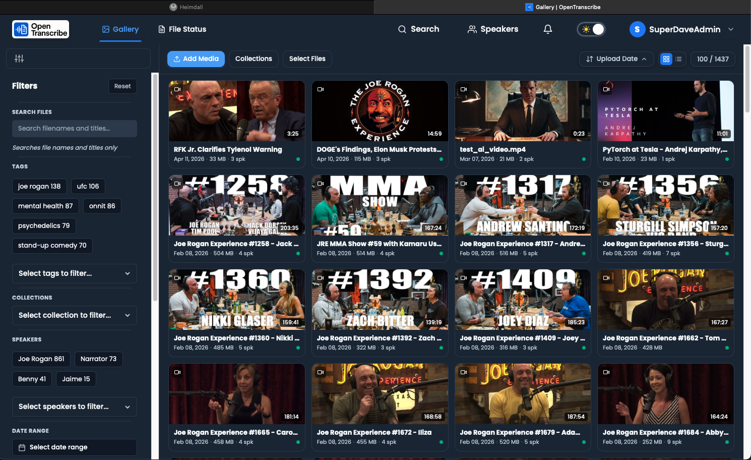 Gallery overview with filter sidebar showing tags, collections, and speakers