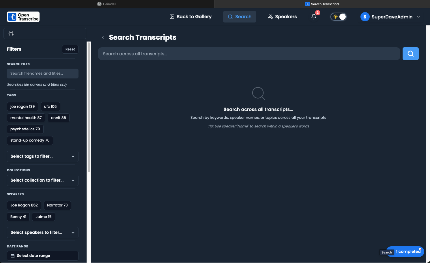Search transcripts page with advanced filters sidebar