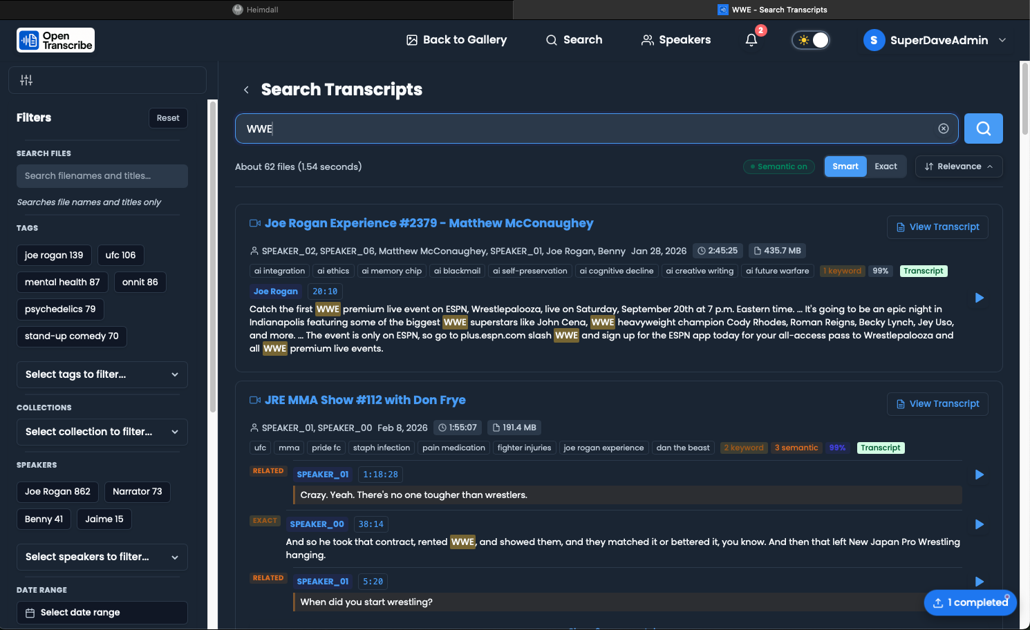 Search results with highlighted matching transcript segments