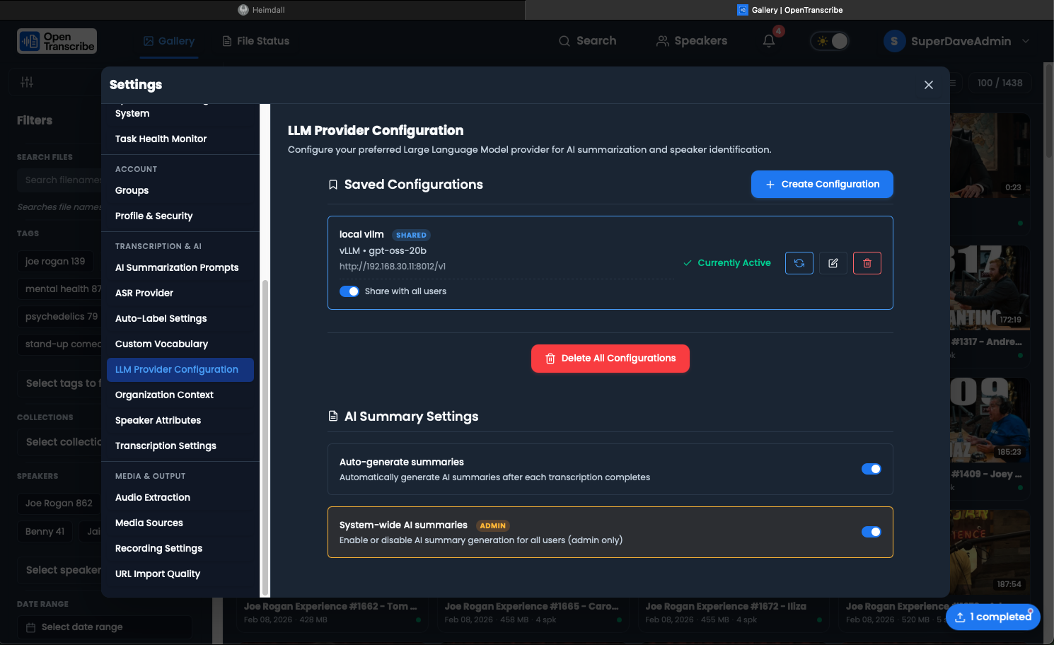 LLM provider configuration in settings