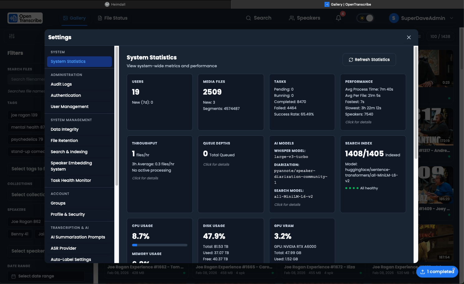 System statistics dashboard showing users, files, tasks, and GPU metrics