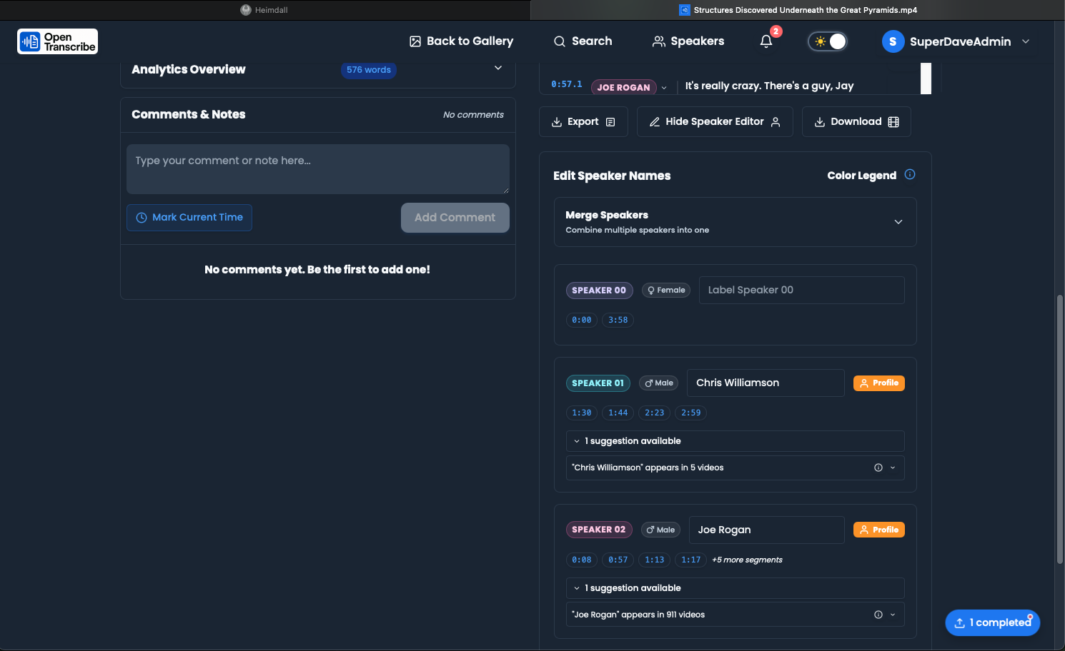 Speaker editor with identified speakers and voice match suggestions