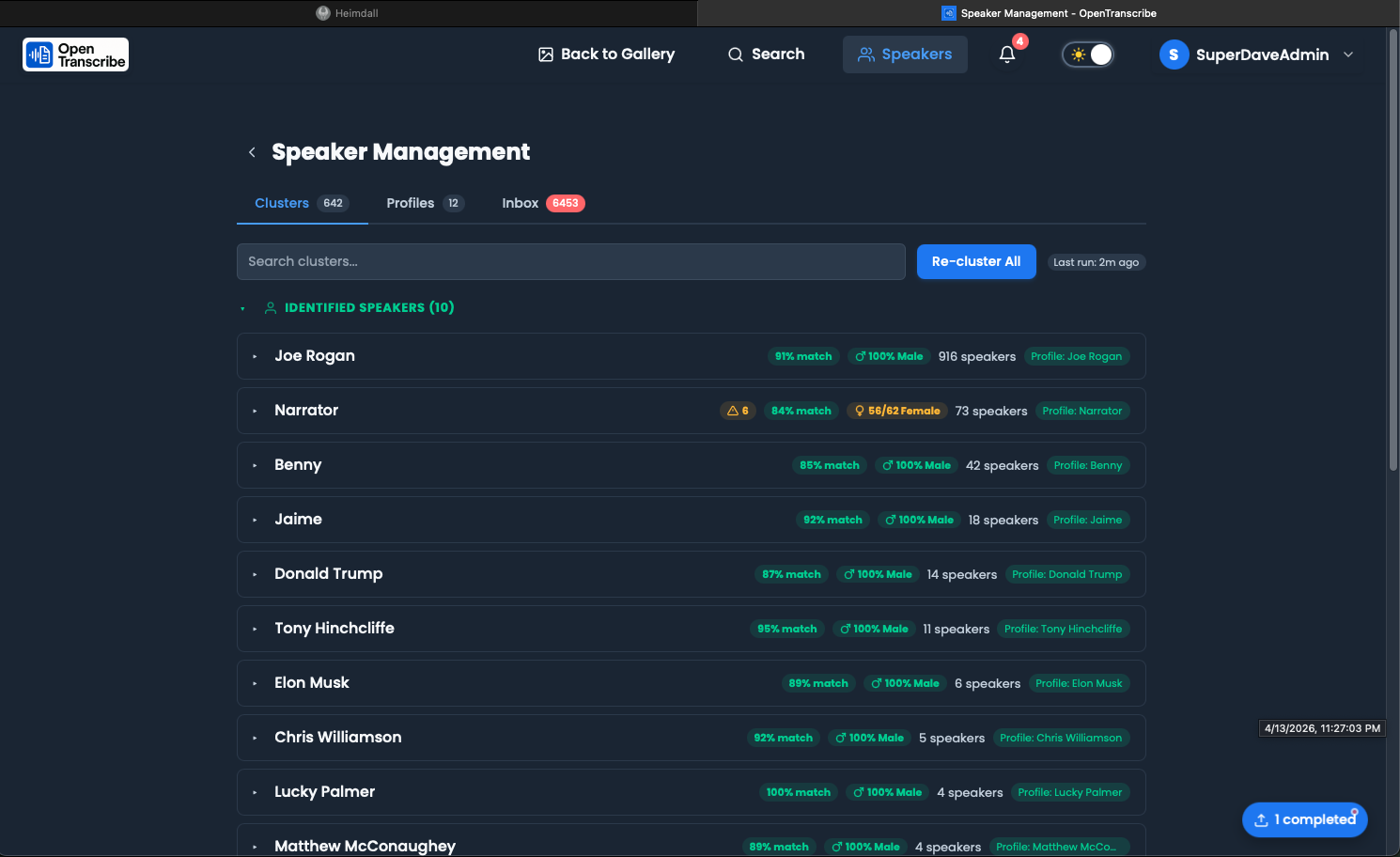 Speaker management clusters view with identified speakers across all files
