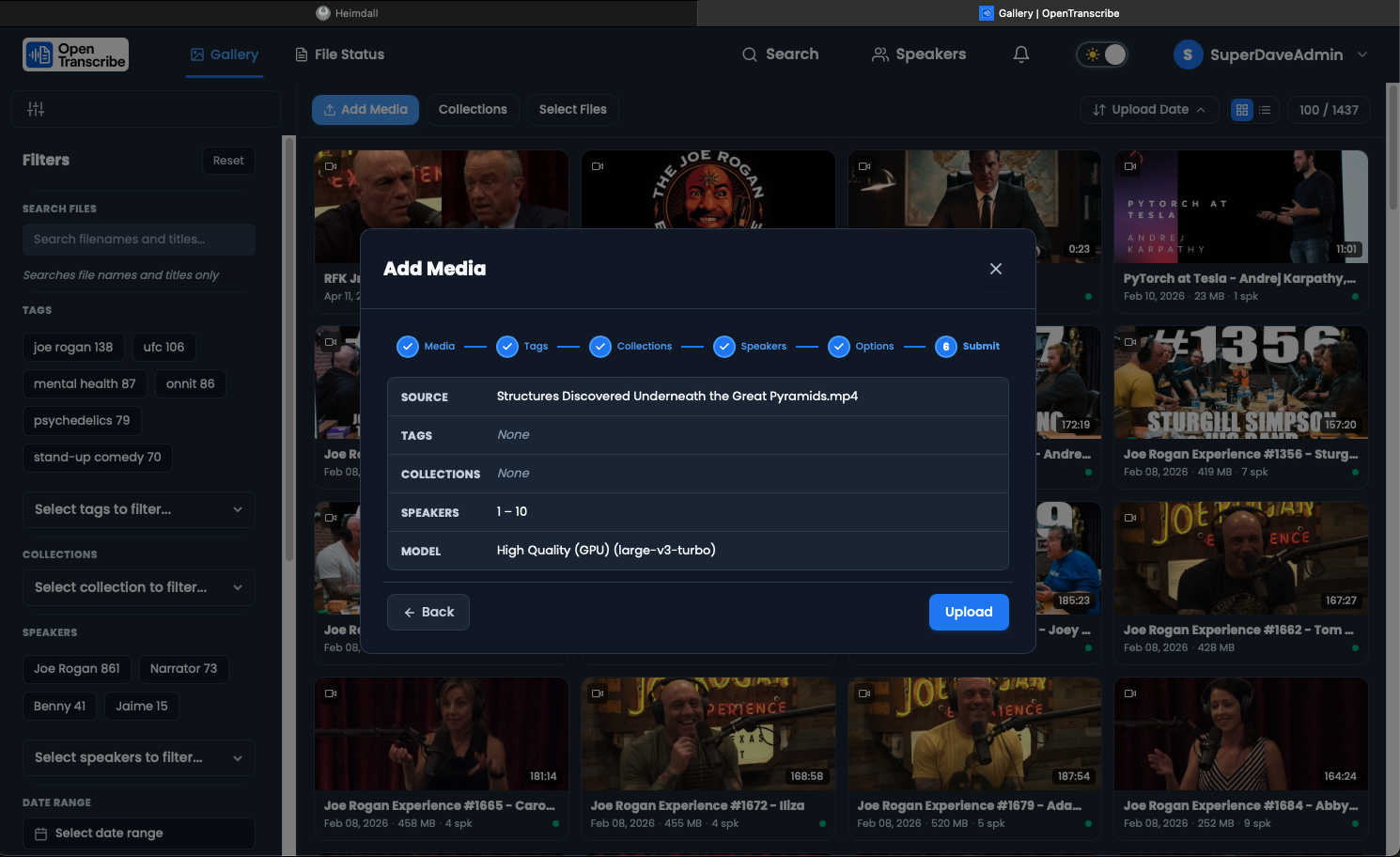 Upload settings - configure tags, speakers, and model