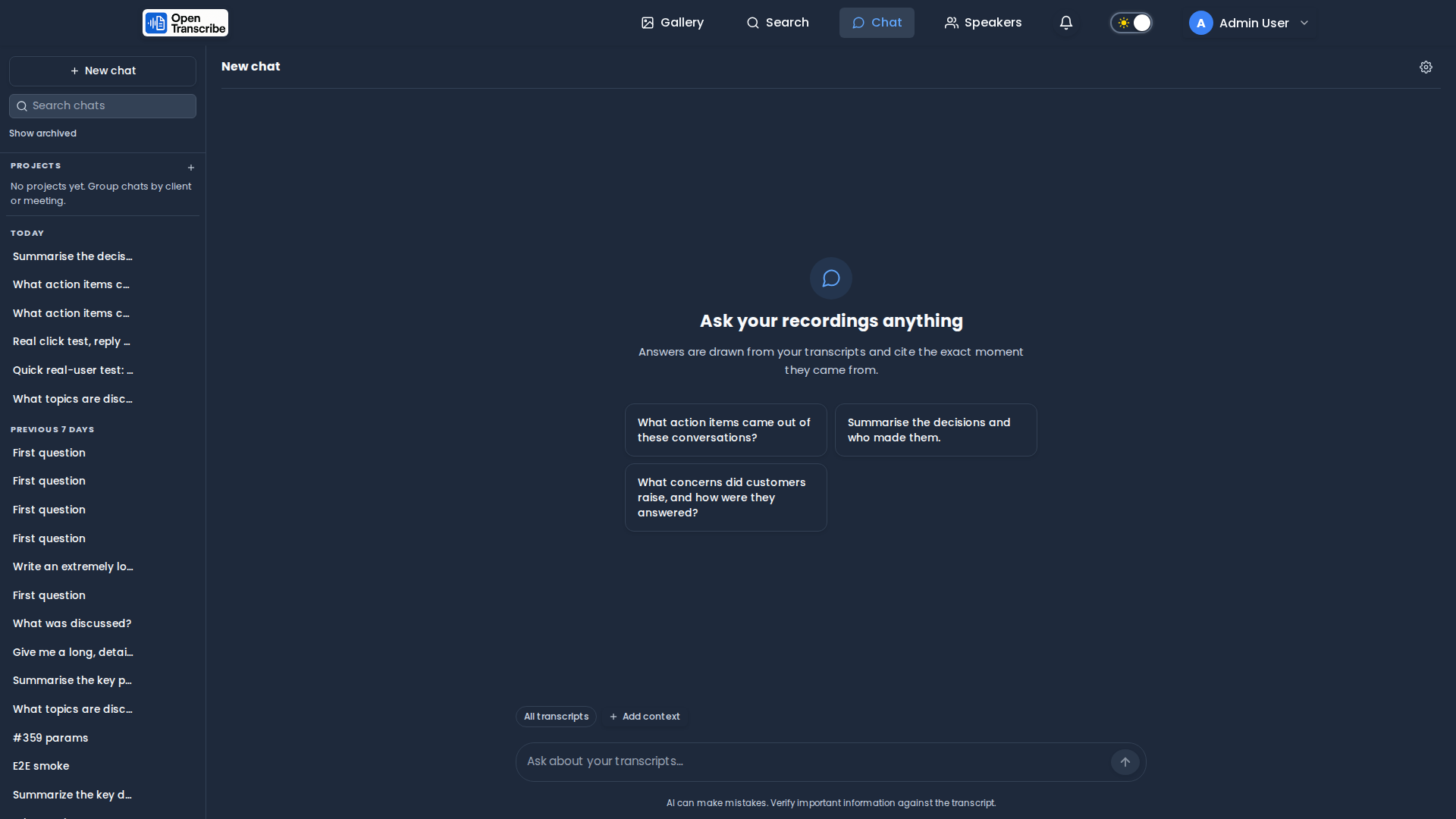 Chat empty state with suggested questions
