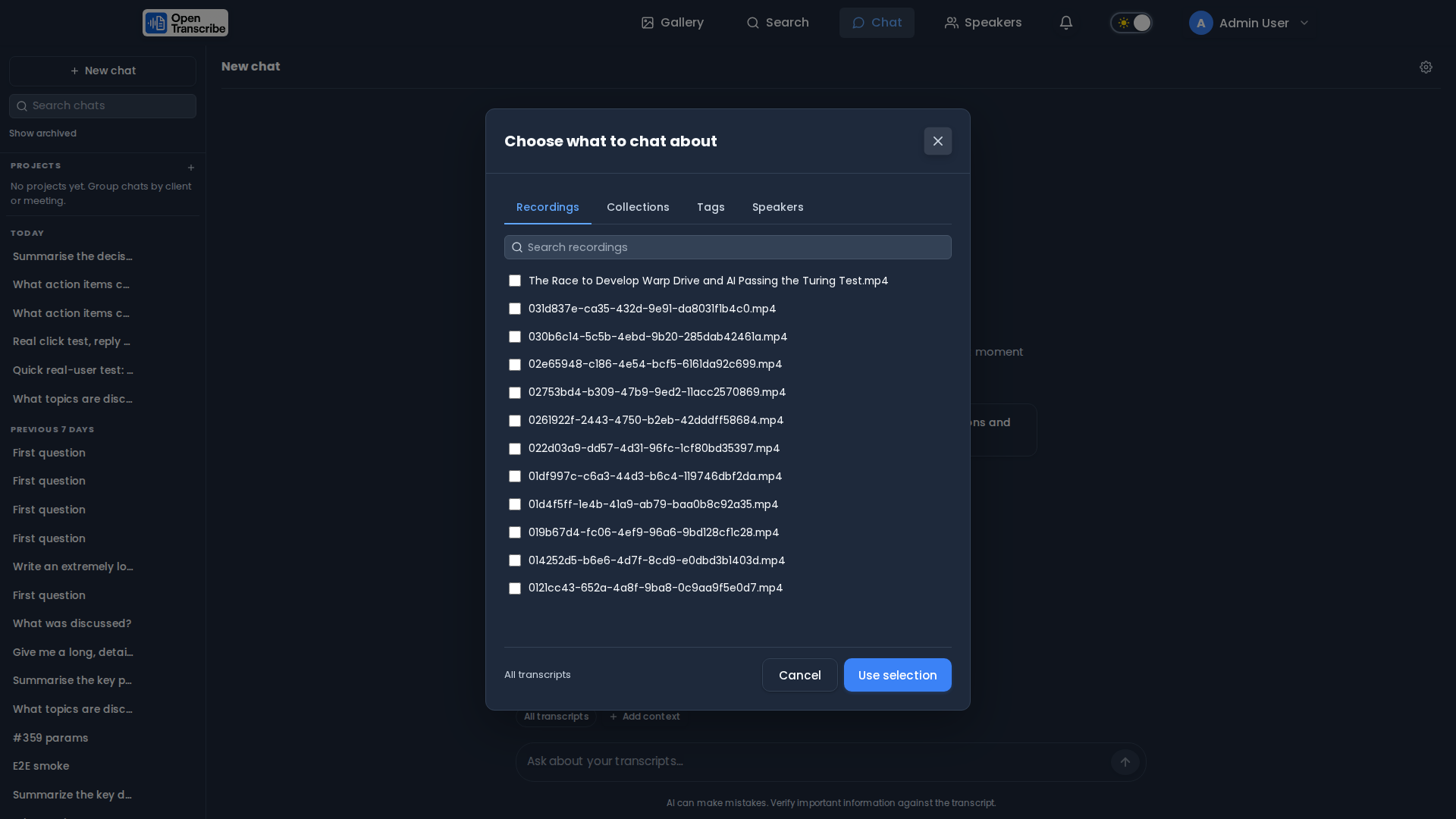 Chat scope picker with recordings, collections, tags, and speakers tabs