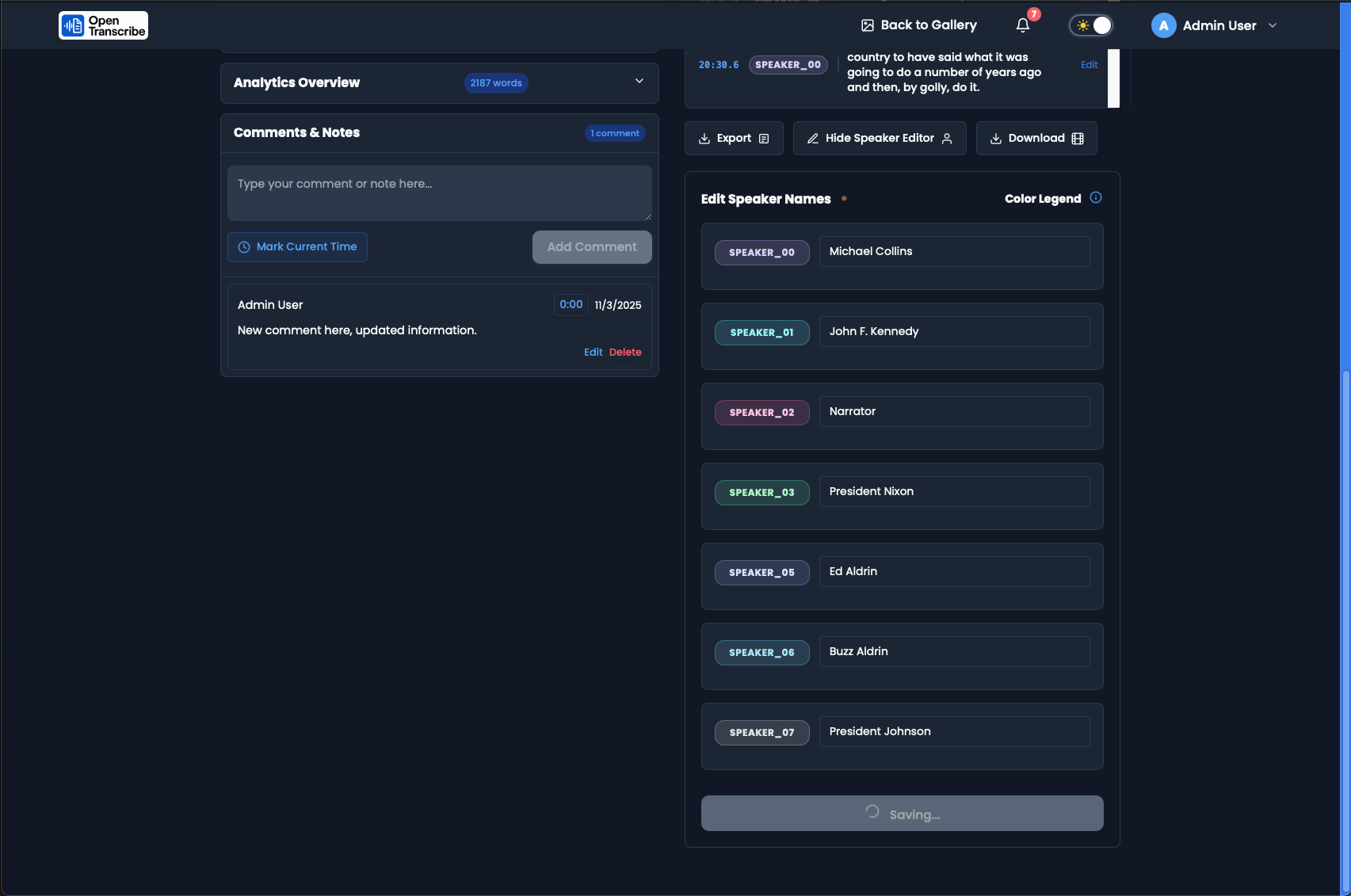 Statistics dashboard